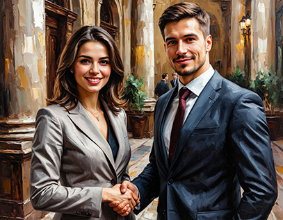 Женщина адвокат из бюро АВЕДА с довольным клиентом после успешного представительства в суде