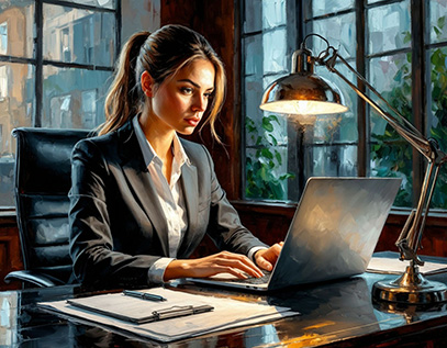 Адвокат девушка работает за компьютером в правовой базе Консультант Плюс